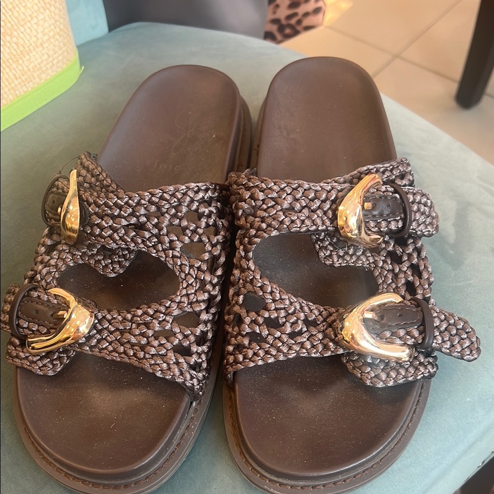 Woven Double-Buckle Slide Sandals - Brown